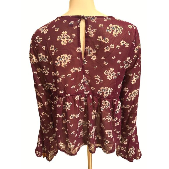 Aeropostale Sheer Floral Chiffon Blouse Size Small Burgundy White Bell Sleeves - Picture 3 of 10